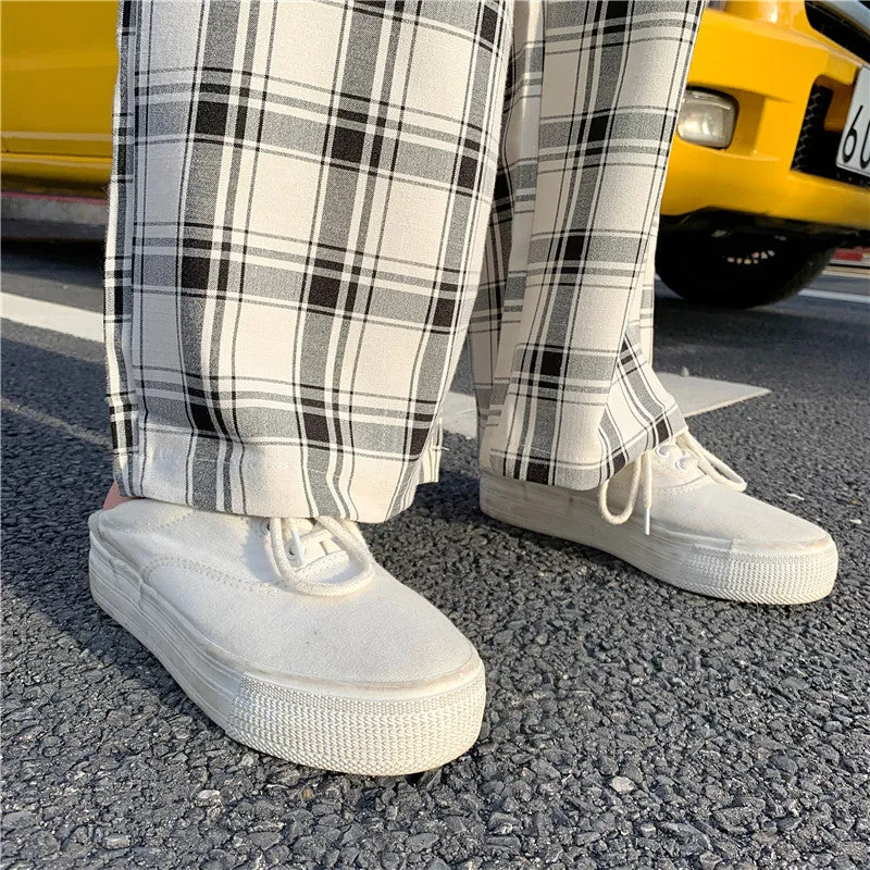 Streetwear High Waist Check Trousers