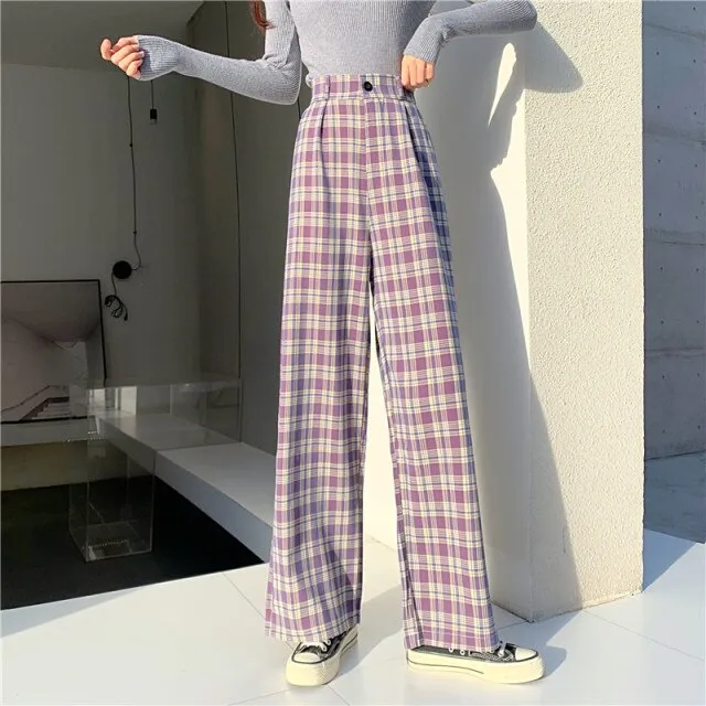 Streetwear High Waist Check Trousers