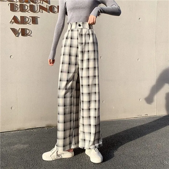 Streetwear High Waist Check Trousers