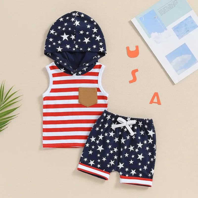 Toddler Boys Independence Day 4th Of July Outfits 2PCS Sleeveless Hooded Tops Shorts Kids