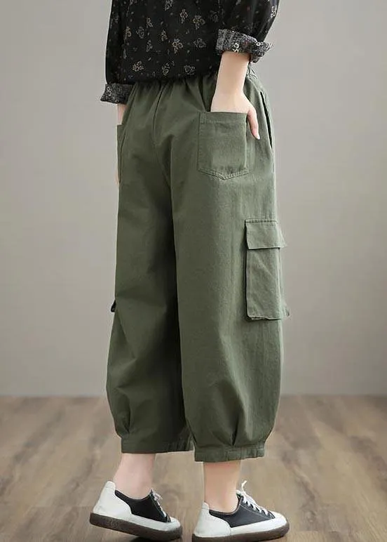 Unique Army Green High Waist Stylish Spring Elastic Waist Pockets Shape Wild Trousers