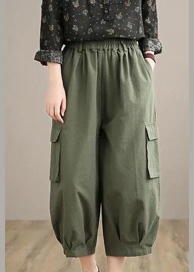 Unique Army Green High Waist Stylish Spring Elastic Waist Pockets Shape Wild Trousers