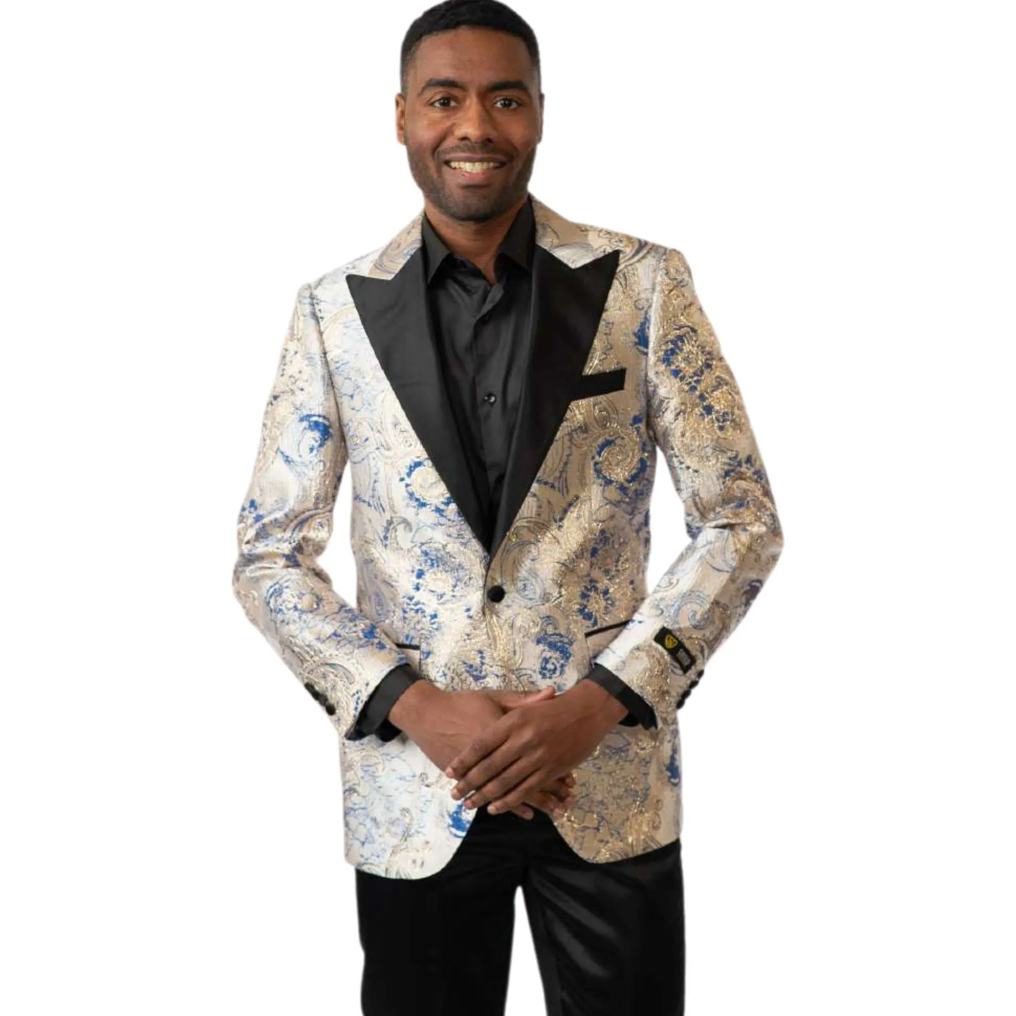 White & Blue Paisley Tuxedo Blazer – Luxury Prom & Wedding Jacket