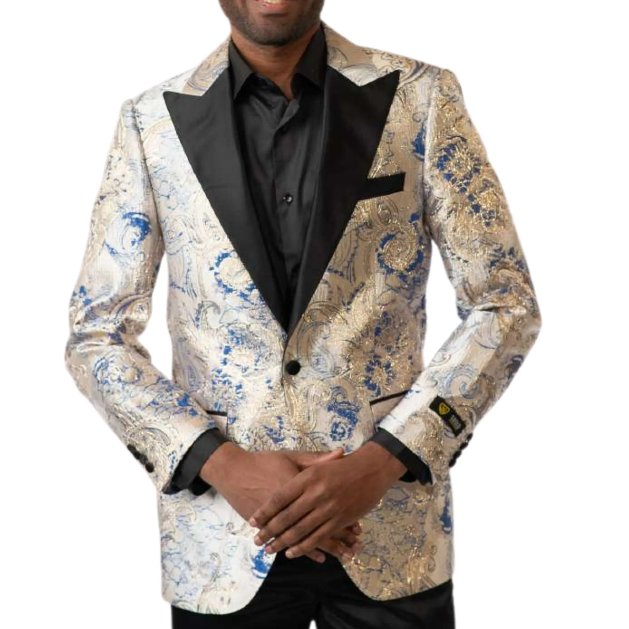 White & Blue Paisley Tuxedo Blazer – Luxury Prom & Wedding Jacket