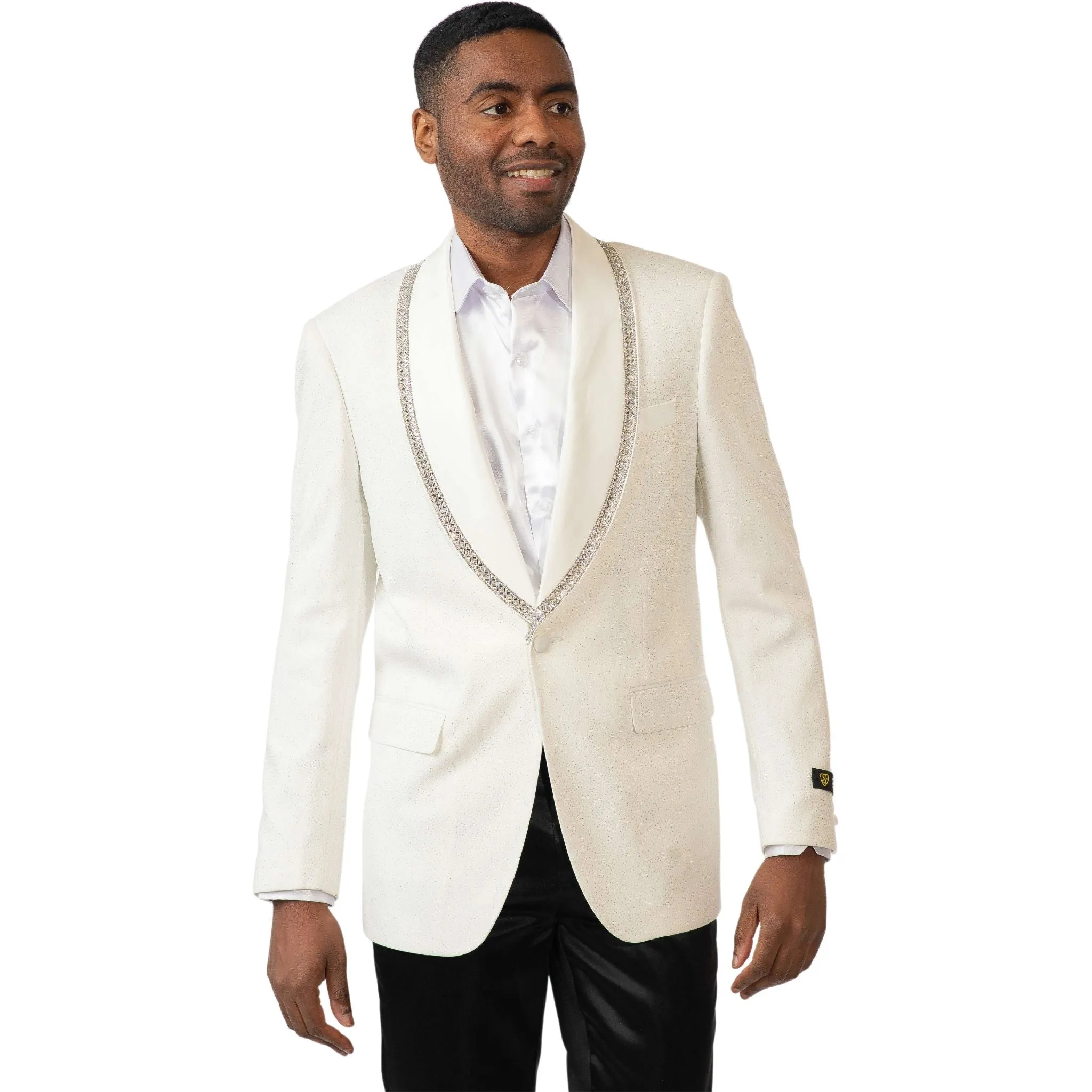 White Rhinestone Shawl Lapel Tuxedo Blazer – Prom & Wedding Jacket