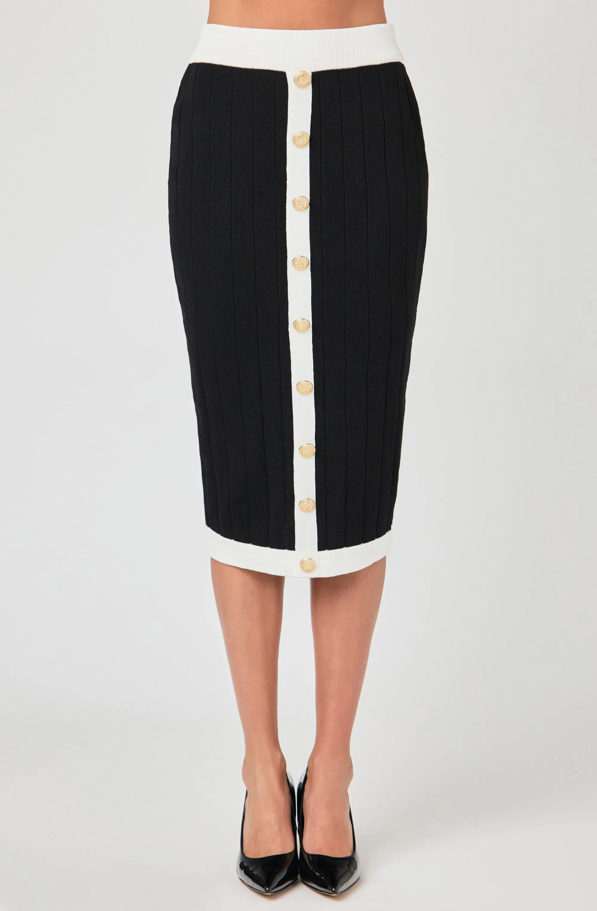 Wide Ribbed Knit Skirt with Contrasting Trim