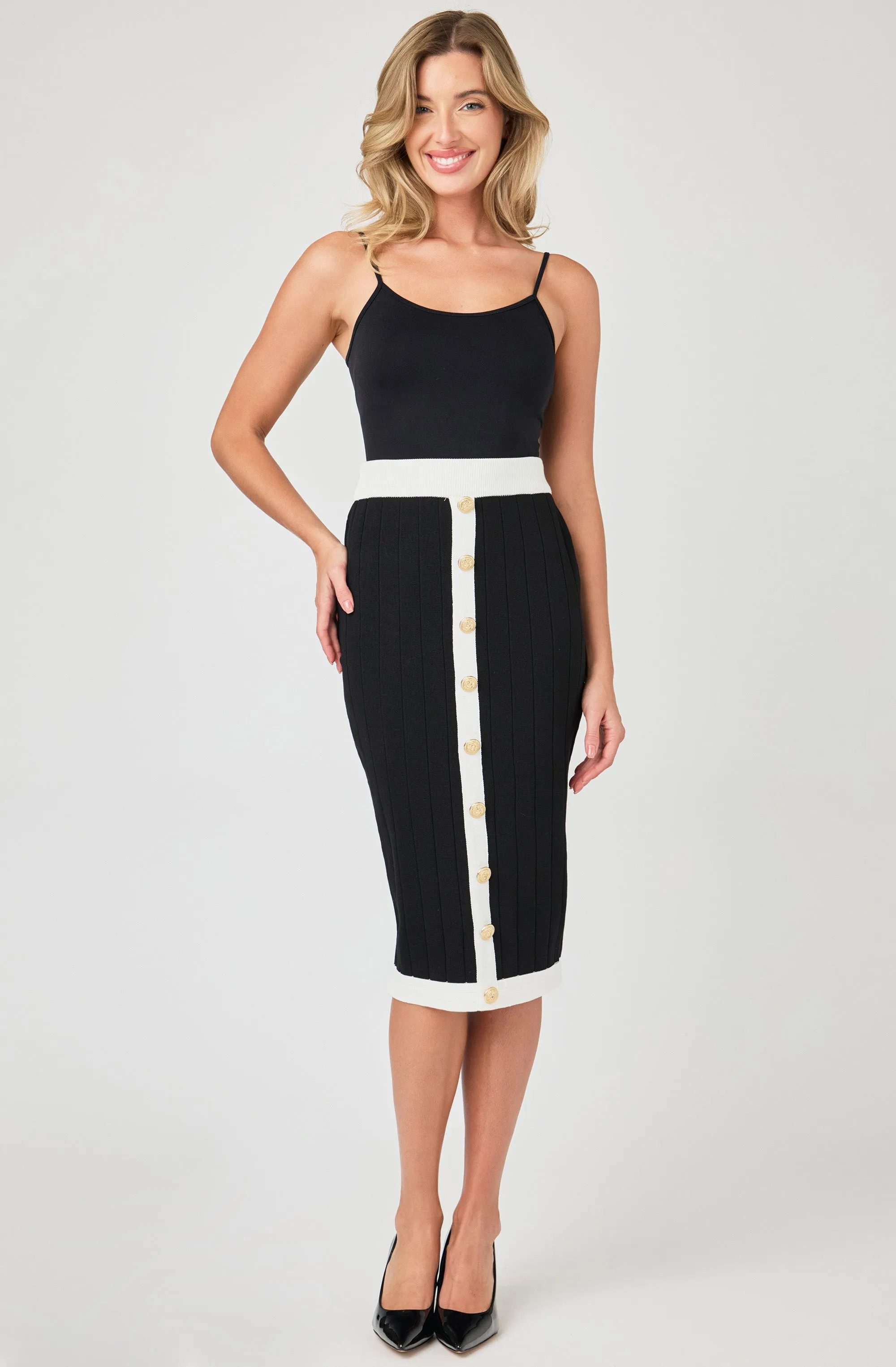 Wide Ribbed Knit Skirt with Contrasting Trim