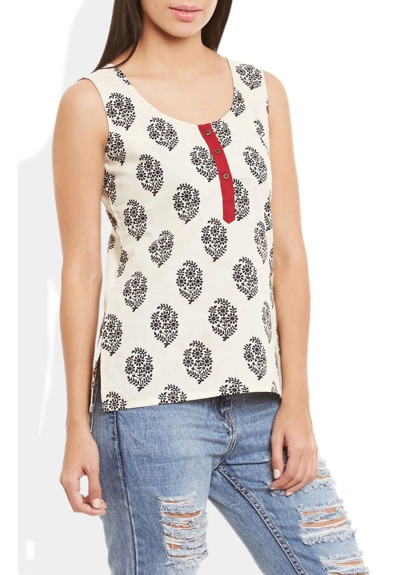 Womens Cotton Printed Short Top Kurti Sleeveless With Contrast Placket And Buttons,2X-Large,W-CST40-3113