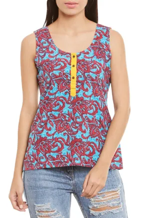 Womens Cotton Printed Short Top Kurti Sleeveless With Contrast Placket And Buttons,2X-Large,W-CST40-3114