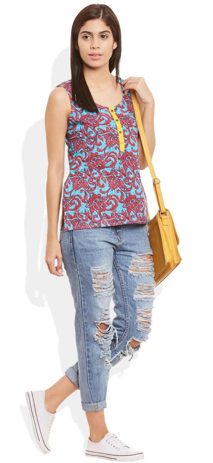 Womens Cotton Printed Short Top Kurti Sleeveless With Contrast Placket And Buttons,4X-Large,W-CST44-3114