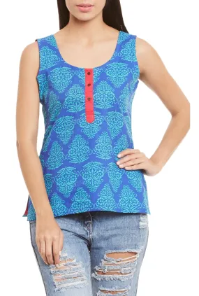 Womens Cotton Printed Short Top Kurti Sleeveless With Contrast Placket And Buttons,Large,W-CST36-3126