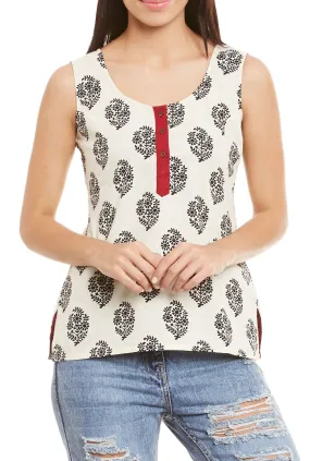 Womens Cotton Printed Short Top Kurti Sleeveless With Contrast Placket And Buttons,Small,W-CST32-3113