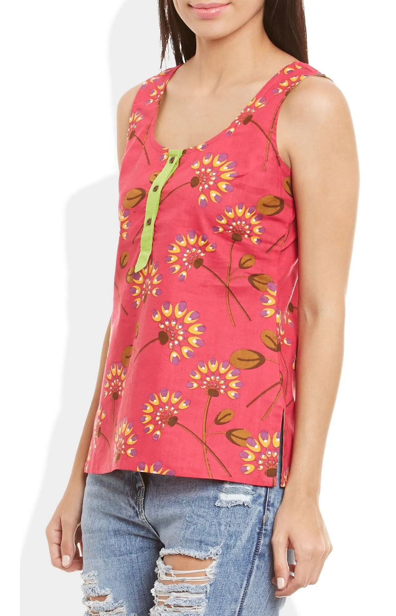 Womens Cotton Printed Short Top Kurti Sleeveless With Contrast Placket And Buttons,X-Large,W-CST38-3109