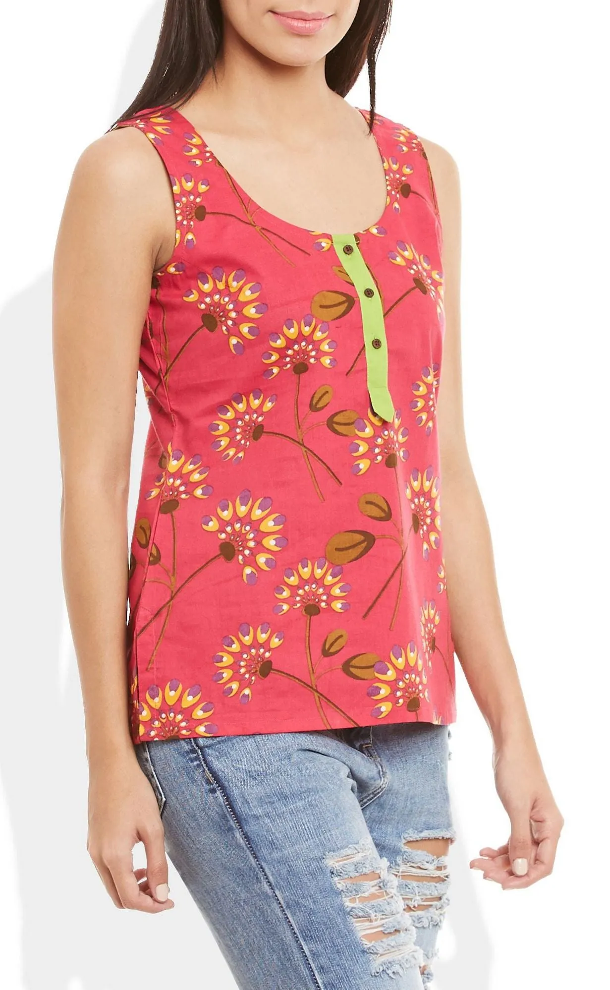 Womens Cotton Printed Short Top Kurti Sleeveless With Contrast Placket And Buttons,X-Large,W-CST38-3109