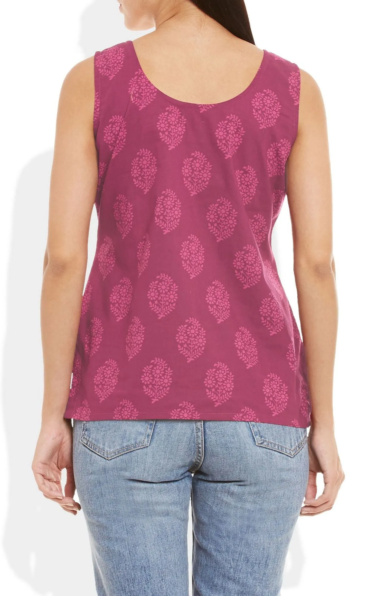 Womens Cotton Printed Short Top Kurti Sleeveless With Contrast Placket And Buttons,X-Large,W-CST38-3118