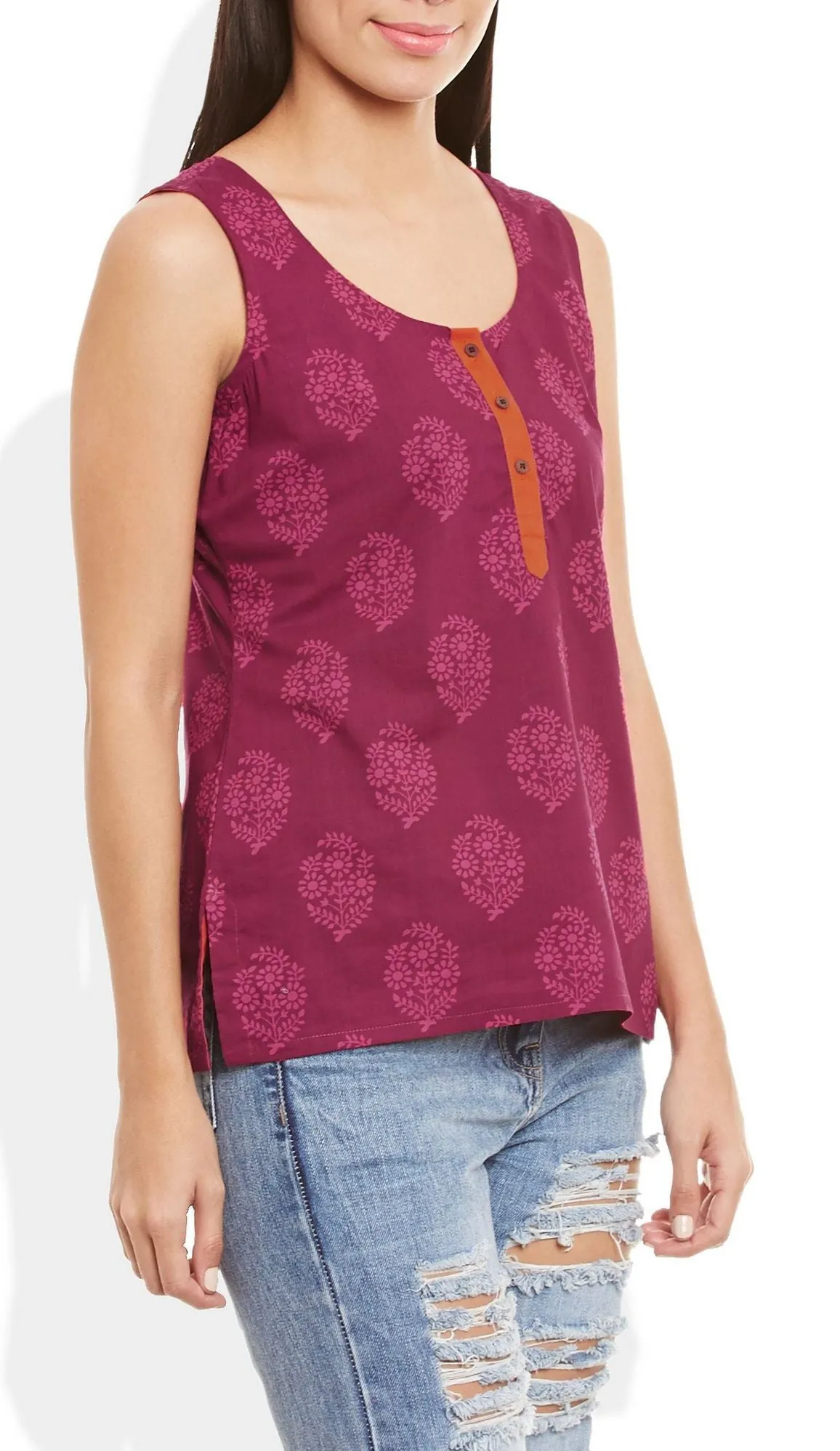 Womens Cotton Printed Short Top Kurti Sleeveless With Contrast Placket And Buttons,X-Large,W-CST38-3118