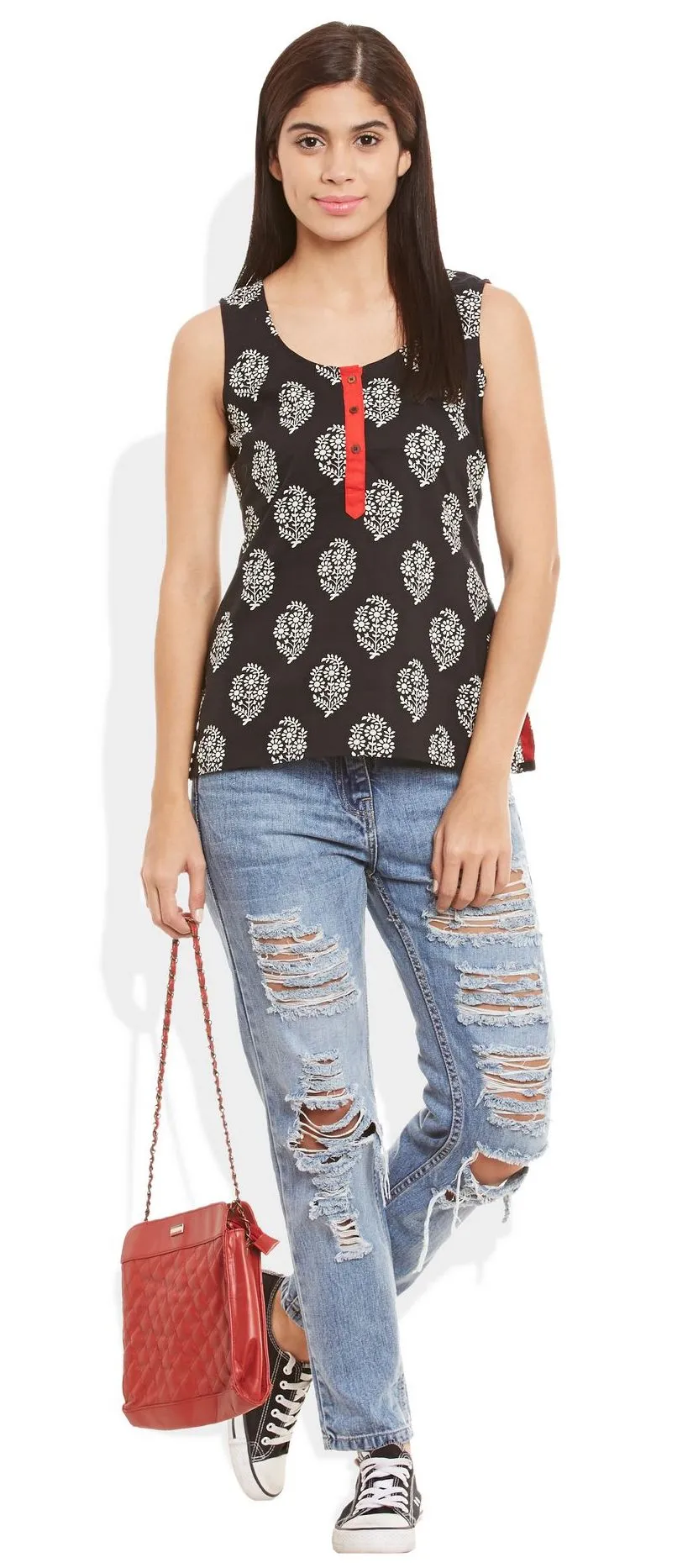 Womens Cotton Printed Short Top Kurti Sleeveless With Contrast Placket And Buttons,X-Large,W-CST38-3121