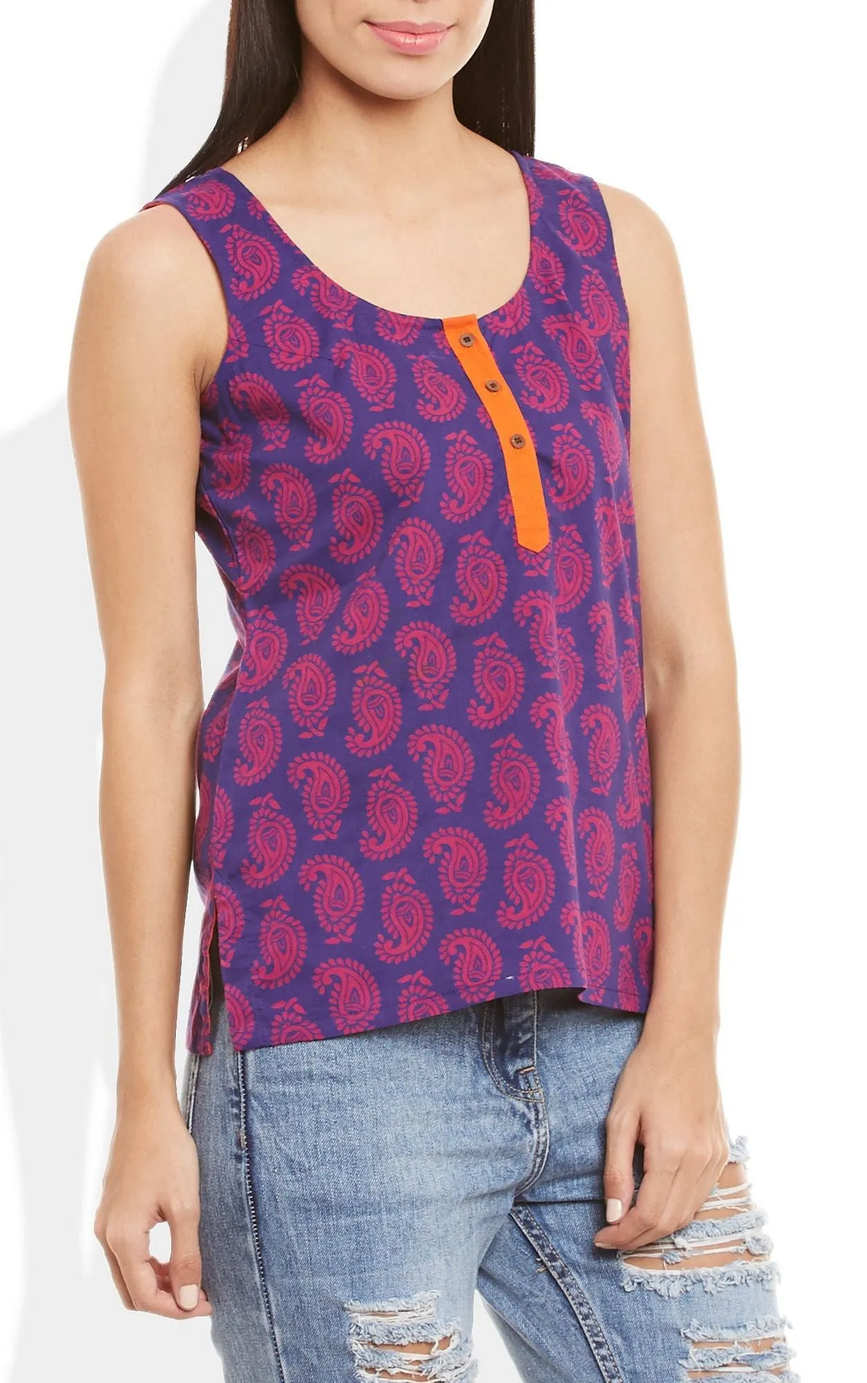 Womens Cotton Printed Short Top Kurti Sleeveless With Contrast Placket And Buttons,X-Large,W-CST38-3128