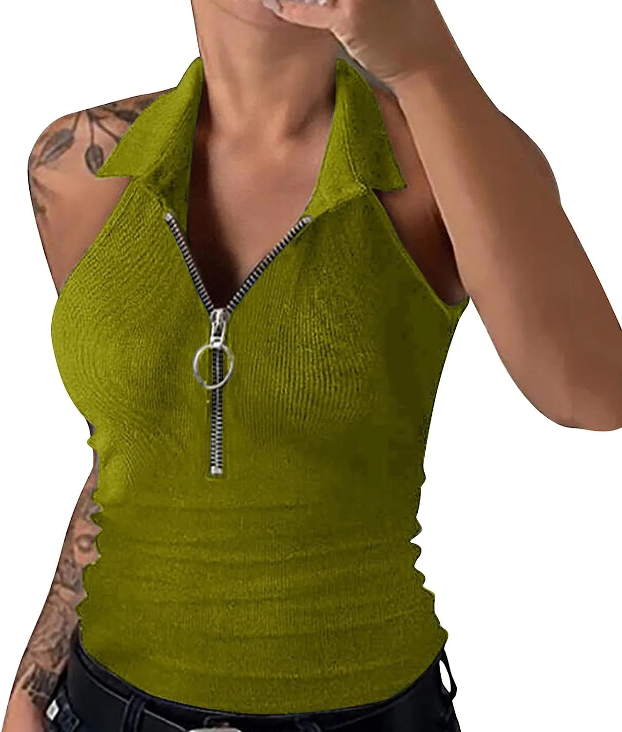 Womens Ribbed Design Casual T-Shirts Lapel Zipper Sleeveless Solid Color Halter Vest T Shirt Tunic Summer Tops Blouses S4429984